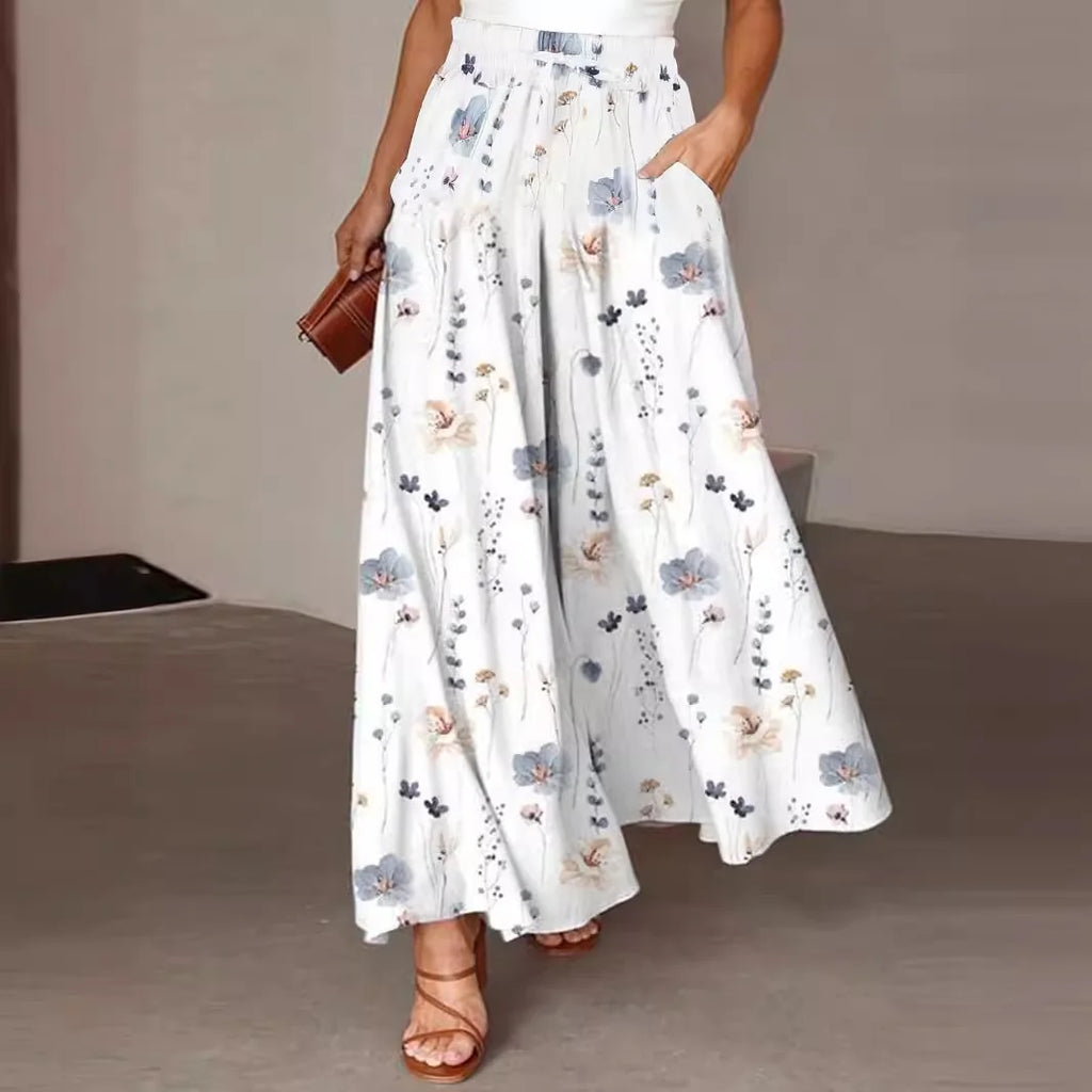 Pantalón largo de pierna ancha para mujer, Pantalón recto con estampado Floral, cintura elástica, ropa de calle Y2k, Capris Maxi elegante holgado de verano
