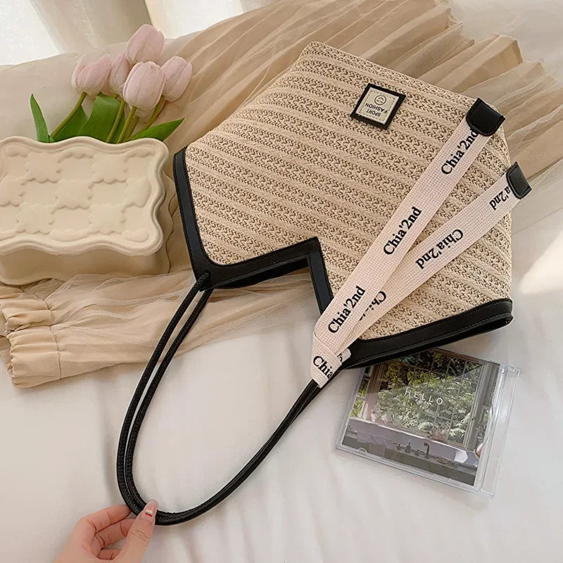 Bolso de hombro de paja para mujer, bolsa de hombro tejida a mano, estilo Retro, ideal para el verano