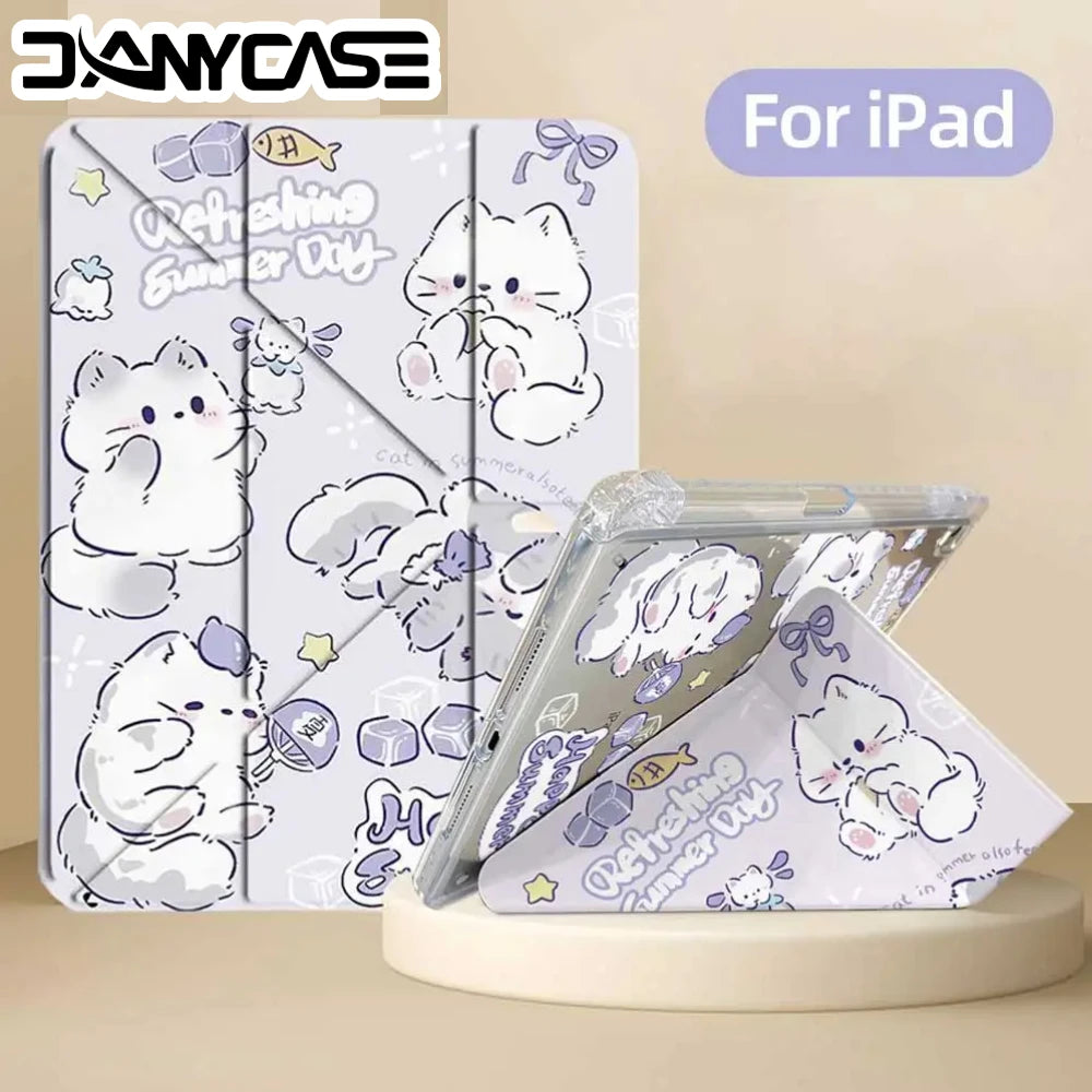 Estuche de gato bonito tipo 3 + Y con portalápices para IPad 2025 11th A16 Pro Air 13 11 M3 M2 M4 2025 12,9 "9 8 7 6 5 4 10Th Mini 7 6