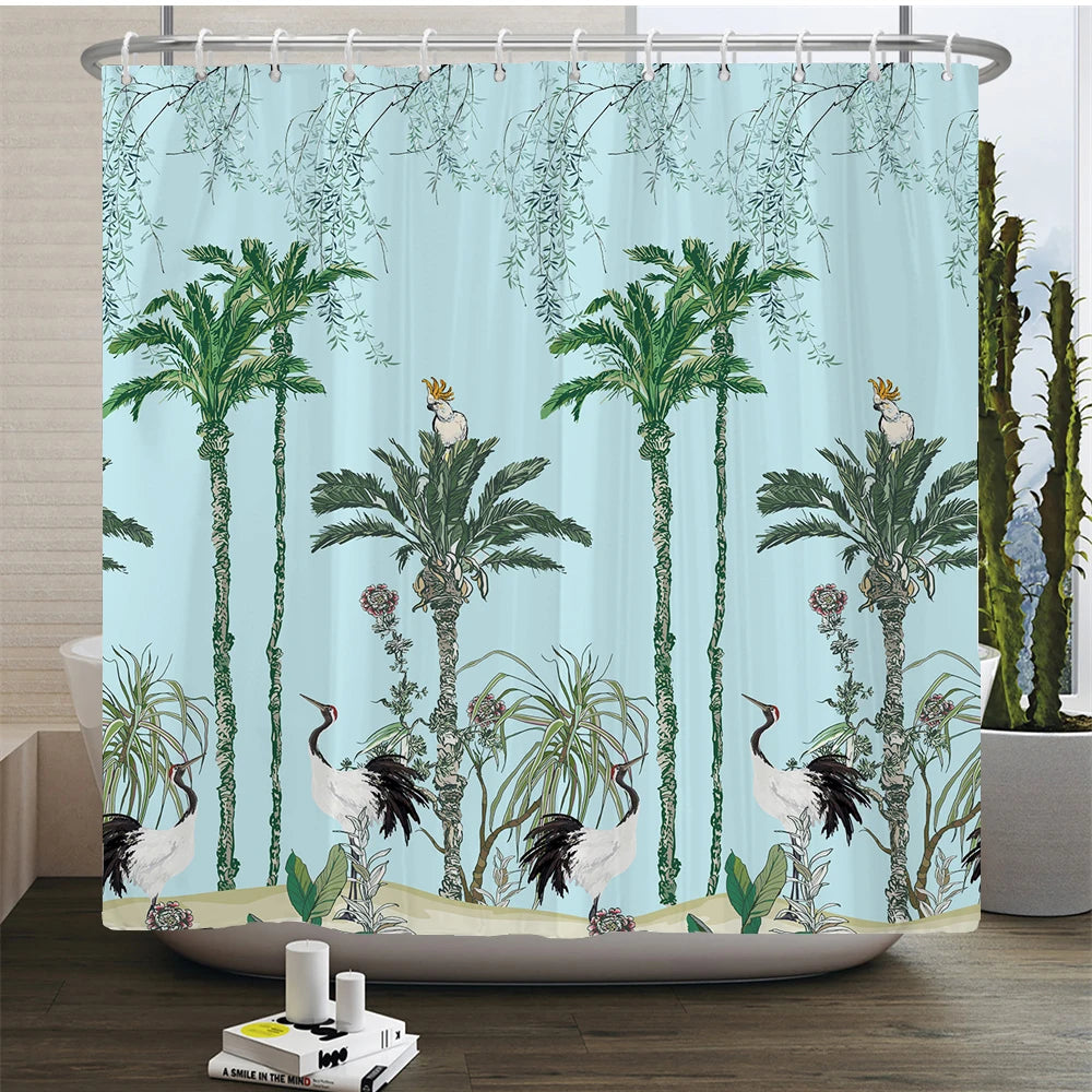 Cortinas de baño de flores, pájaros y plantas europeas, cortina de ducha impermeable, decoración de baño con impresión 3D con gancho, pantalla de baño