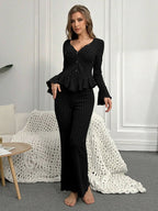 Ropa de dormir para mujer, conjuntos de pijamas de otoño e invierno, dos piezas, Tops y pantalones sexis de manga larga con cuello en V, ropa de descanso para el hogar
