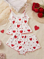 Conjunto de pijamas para mujer, ropa de dormir con tirantes, chaleco y pantalones cortos, ropa de dormir con estampado de corazón rojo, lencería Sexy, 5 tallas, S, L, XL, 2XL