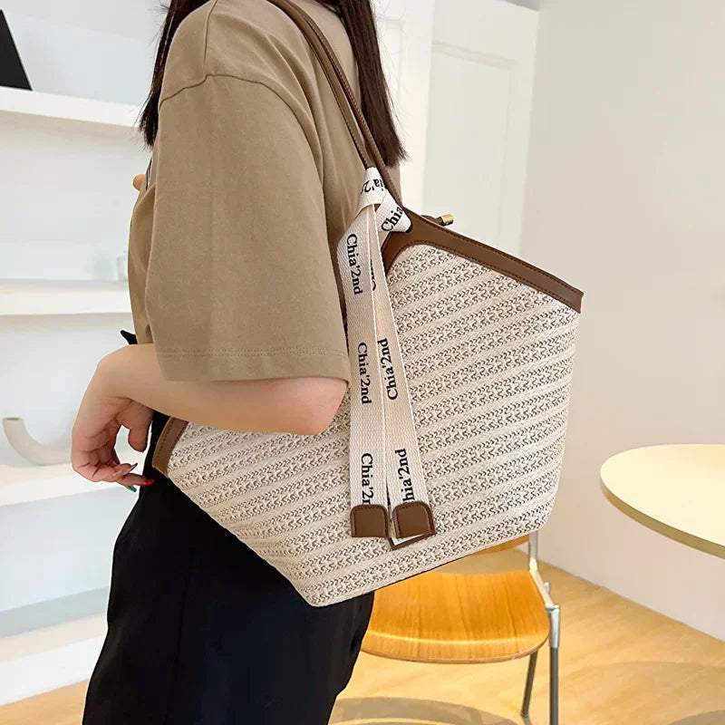 Bolso de hombro de paja para mujer, bolsa de hombro tejida a mano, estilo Retro, ideal para el verano