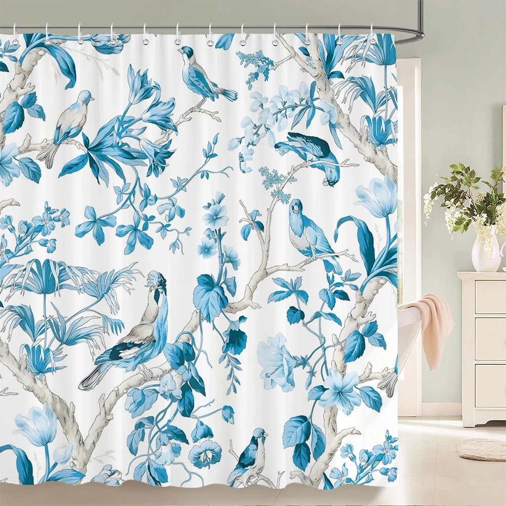 Cortinas de baño de flores, pájaros y plantas europeas, cortina de ducha impermeable, decoración de baño con impresión 3D con gancho, pantalla de baño