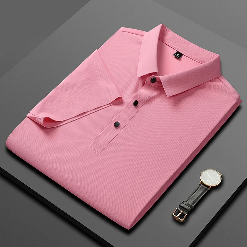 Polo de seda de hielo para hombre, camiseta de manga corta, elástica, sin hierro, fina, ligera, de lujo