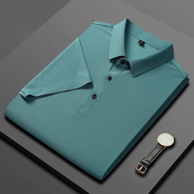 Polo de seda de hielo para hombre, camiseta de manga corta, elástica, sin hierro, fina, ligera, de lujo