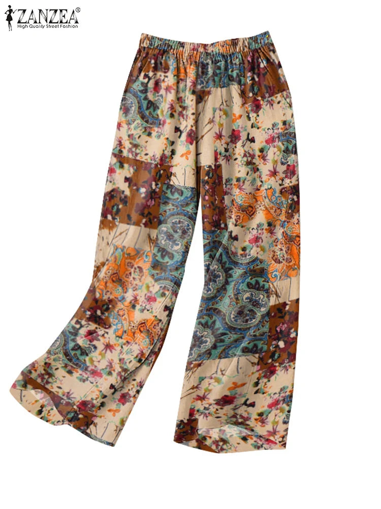 ZANZEA-pantalones informales de pierna ancha para mujer, pantalón Vintage con estampado Floral de Cachemira, cintura elástica, pantalones de algodón transpirables para primavera 2025