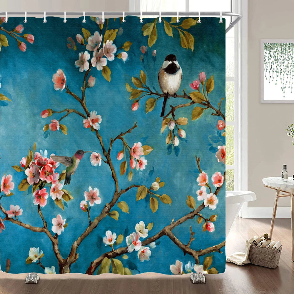 Cortinas de baño de flores, pájaros y plantas europeas, cortina de ducha impermeable, decoración de baño con impresión 3D con gancho, pantalla de baño