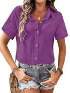 Novedad de verano para mujer, camisas informales, Tops, blusas de manga corta lisas con botones sueltos para mujer, blusa blanca de oficina con solapa a la moda para mujer