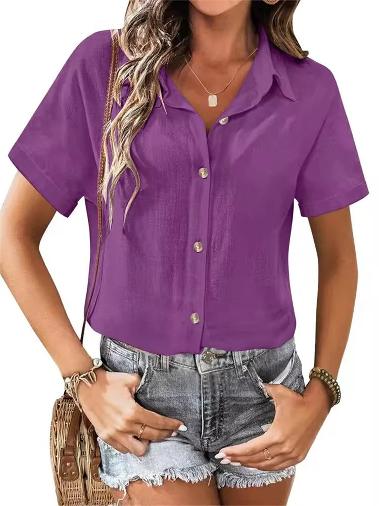 Novedad de verano para mujer, camisas informales, Tops, blusas de manga corta lisas con botones sueltos para mujer, blusa blanca de oficina con solapa a la moda para mujer