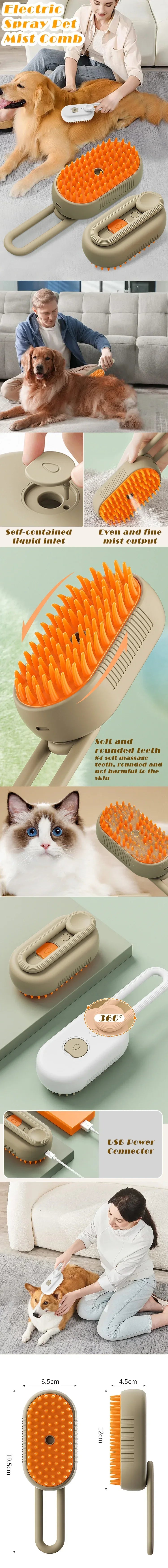 Cepillo de vapor 3 en 1 para mascotas, cepillo para gatos, vaporizador, removedor de pelo de mascotas, herramienta de limpieza para perros, peine de masaje con pulverizador de vapor, cepillo de aseo