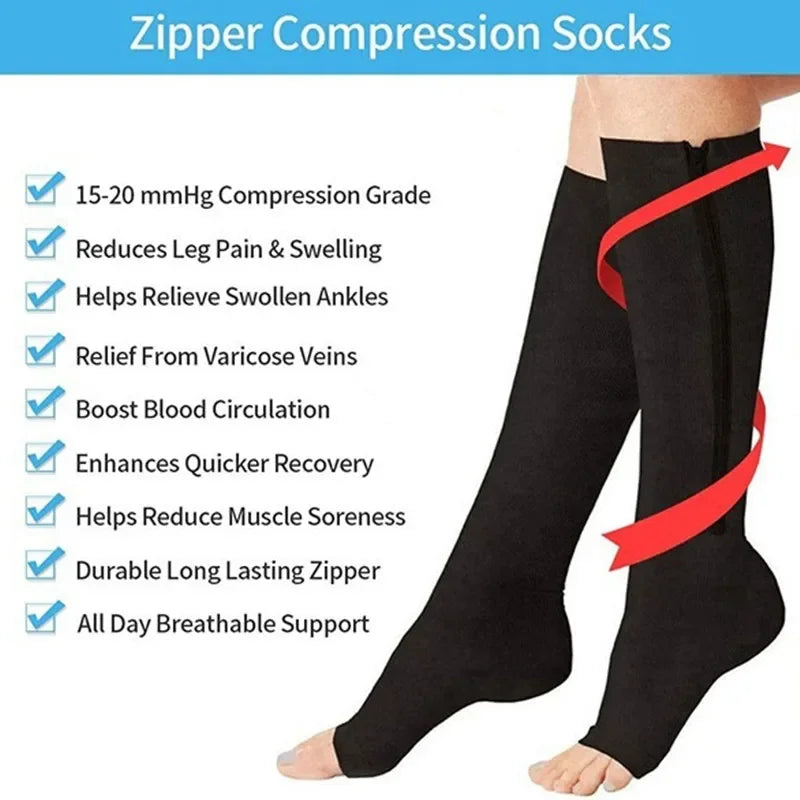 Calcetines deportivos médicos de compresión con cremallera, calcetines elásticos de venas para mujeres y hombres, calcetines largos de presión de alta elasticidad para ciclismo, soporte para piernas