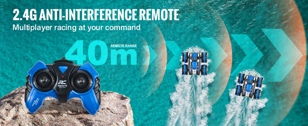 SucceBuy Barco de coche RC anfibio azul/amarillo 2,4 GHz 12 km/h Control remoto eléctrico 360 °   Coche acrobático giratorio, juguetes para piscina de playa y agua